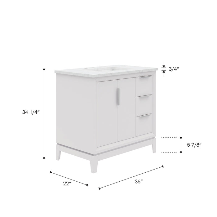 Kingston Elizabeth EL36CW01PW - 36 in. x 22 in. Bathroom Vanity Carrara White Marble Top, Pure White