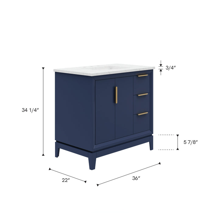 Kingston Elizabeth EL36CW06MB - 36 in. x 22 in. Bathroom Vanity Carrara White Marble Top and White Ceramic Basin, Monarch Blue