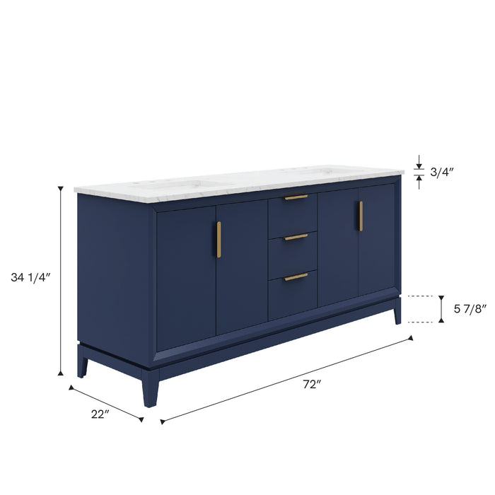 Kingston Elizabeth EL72CW06MB - 72 in. x 22 in. Bathroom Vanity Carrara White Marble Top and White Ceramic Basins, Monarch Blue