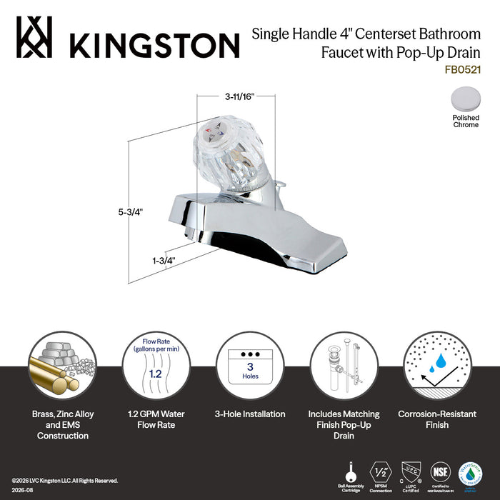 Kingston Americana FB0521 Single-Handle 3-Hole Deck Mount 4-Inch Centerset Bathroom Faucet with ABS Pop-Up Drain, Polished Chrome