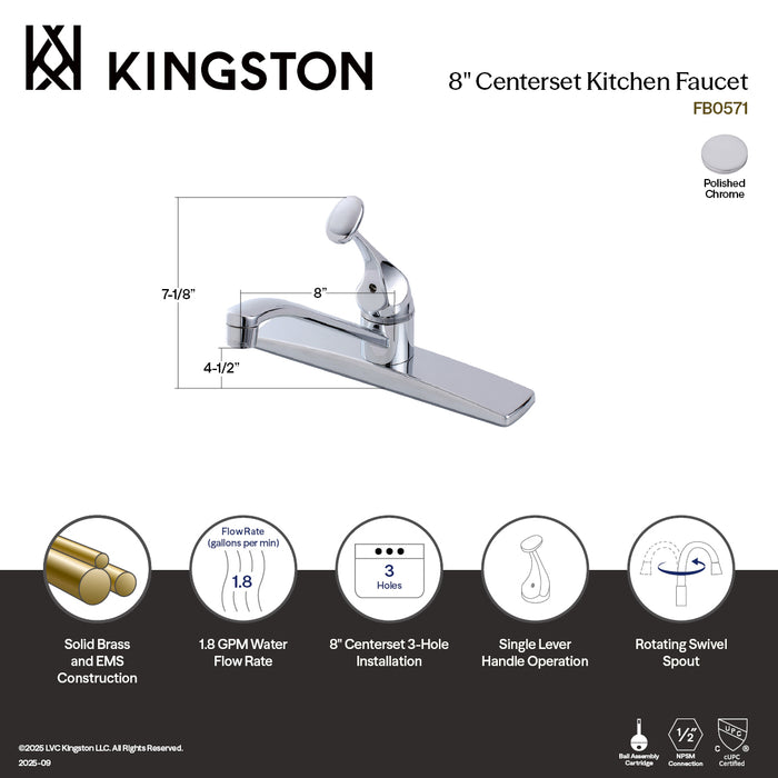 Kingston Columbia FB0571 One-Handle 3-Hole 8" Centerset Kitchen Faucet, Polished Chrome