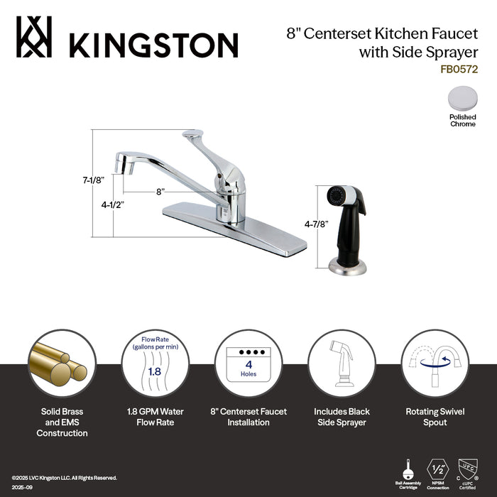Kingston Columbia FB0572 One-Handle 4-Hole 8" Centerset Kitchen Faucet with Side Sprayer, Polished Chrome
