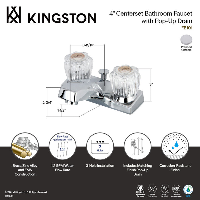 Kingston Tulare FB101 Double-Handle 3-Hole Deck Mount 4-Inch Centerset Bathroom Faucet with ABS Pop-Up Drain, Polished Chrome