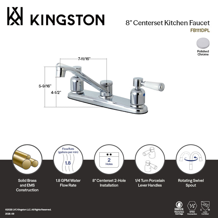 Kingston Tulare FB111DPL - Paris Two-Handle 2-Hole 8" Centerset Kitchen Faucet, Polished Chrome