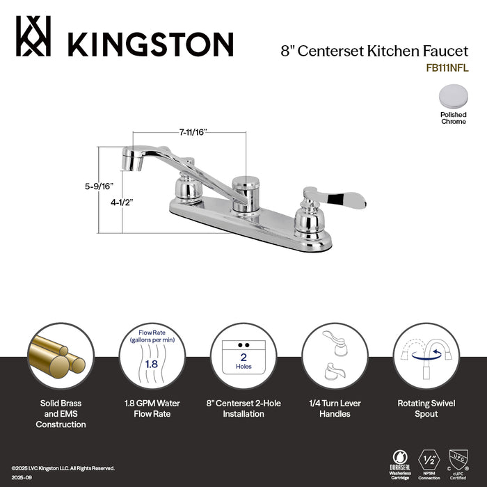 Kingston Tulare FB111NFL - NuWave French Two-Handle 2-Hole 8" Centerset Kitchen Faucet, Polished Chrome