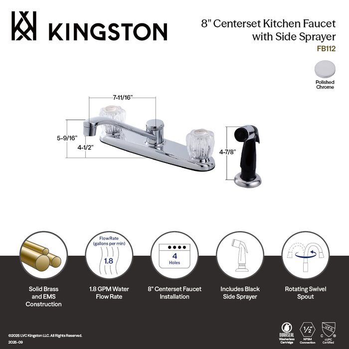 Kingston Tulare FB112 - Americana Two-Handle 4-Hole 8" Centerset Kitchen Faucet with Side Sprayer, Polished Chrome