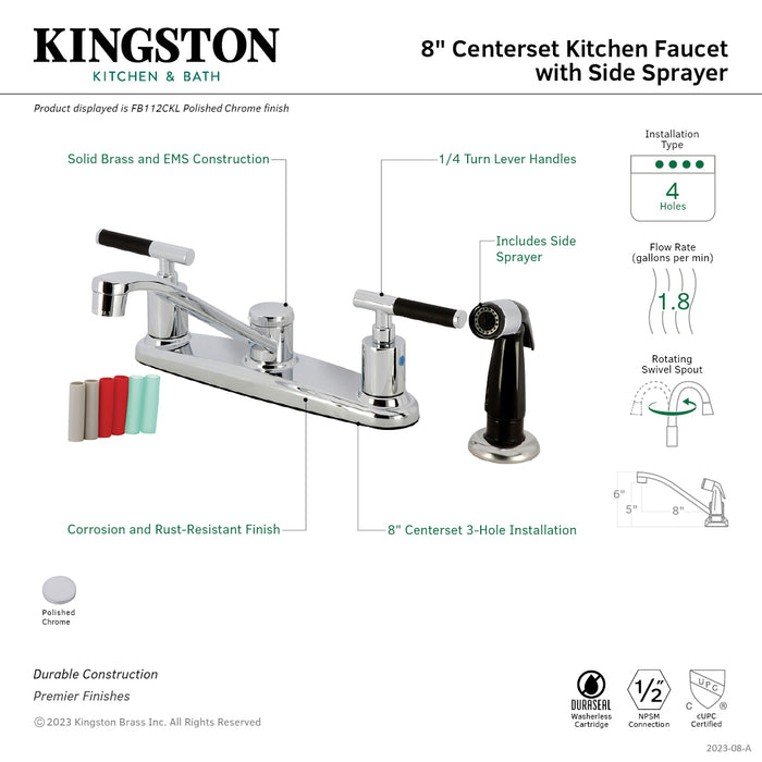 Kingston Tulare FB112CKL - Kaiser Two-Handle 4-Hole 8" Centerset Kitchen Faucet with Side Sprayer, Polished Chrome