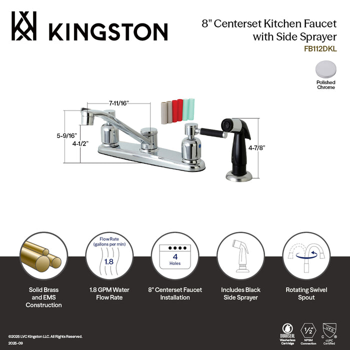 Kingston Tulare FB112DKL - Kaiser Two-Handle 4-Hole 8" Centerset Kitchen Faucet with Side Sprayer, Polished Chrome