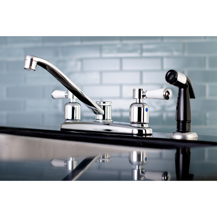 Kingston Tulare FB112DPL - Paris Two-Handle 4-Hole 8" Centerset Kitchen Faucet with Side Sprayer, Polished Chrome