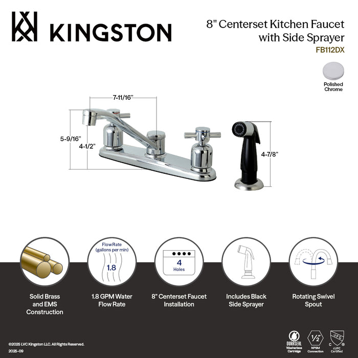 Kingston Tulare FB112DX - Concord Two-Handle 4-Hole 8" Centerset Kitchen Faucet with Side Sprayer, Polished Chrome