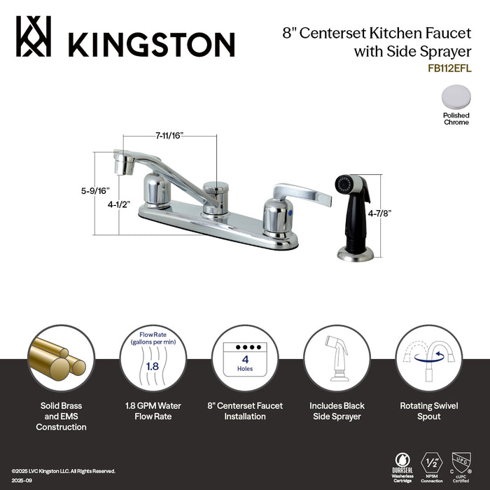 Kingston Tulare FB112EFL - Centurion Two-Handle 4-Hole 8" Centerset Kitchen Faucet with Side Sprayer, Polished Chrome