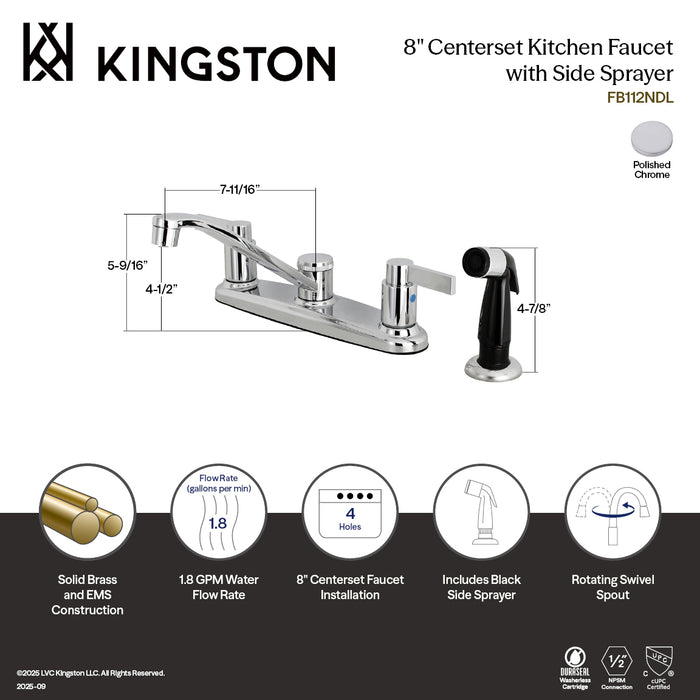 Kingston Tulare FB112NDL - NuvoFusion Two-Handle 4-Hole 8" Centerset Kitchen Faucet with Side Sprayer, Polished Chrome