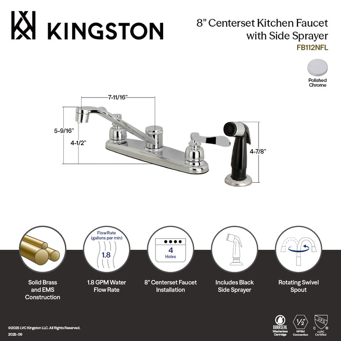 Kingston Tulare FB112NFL - NuWave French Two-Handle 4-Hole 8" Centerset Kitchen Faucet with Side Sprayer, Polished Chrome