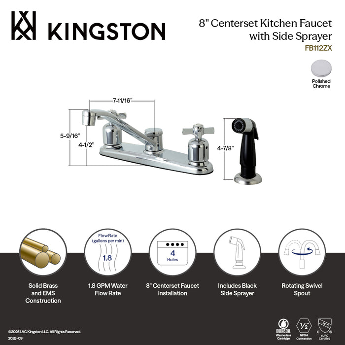 Kingston Tulare FB112ZX - Millennium Two-Handle 4-Hole 8" Centerset Kitchen Faucet with Side Sprayer, Polished Chrome