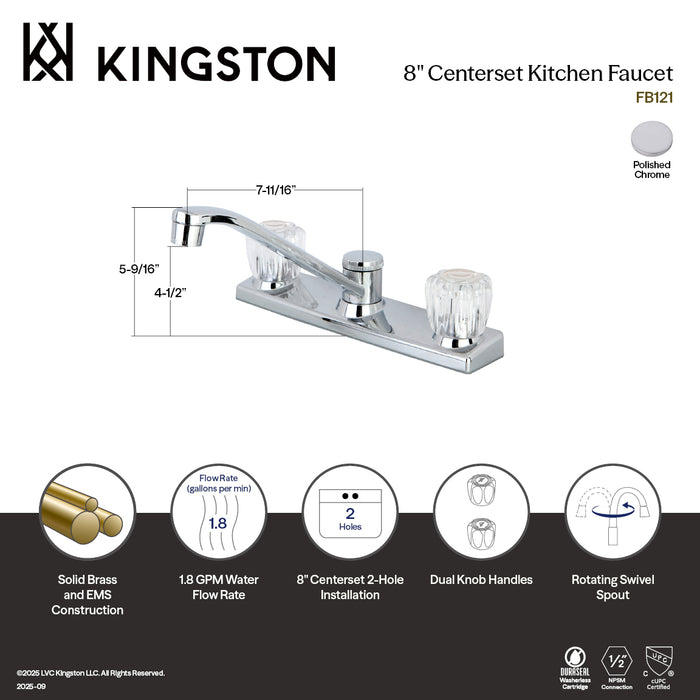 Kingston Tulare FB121 - Columbia Two-Handle 2-Hole 8" Centerset Kitchen Faucet, Polished Chrome
