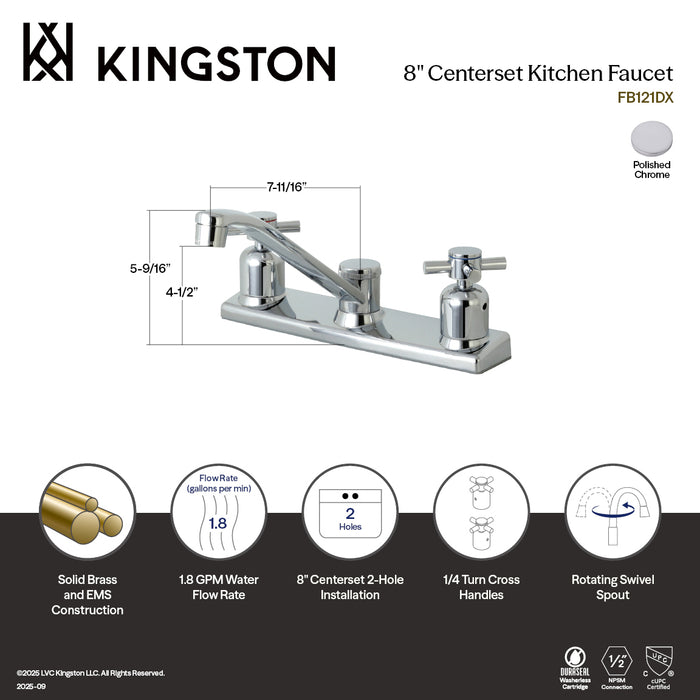 Kingston Tulare FB121DX - Concord Two-Handle 2-Hole 8" Centerset Kitchen Faucet, Polished Chrome