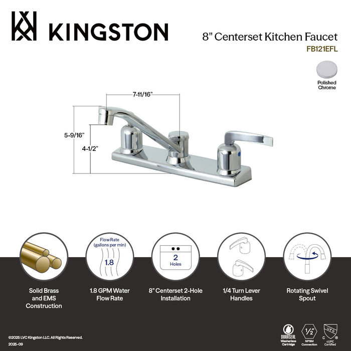 Kingston Tulare FB121EFL - Centurion Two-Handle 2-Hole 8" Centerset Kitchen Faucet, Polished Chrome