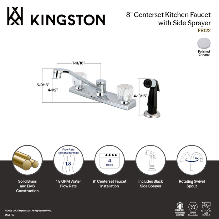Kingston Tulare FB122 - Columbia Two-Handle 4-Hole 8" Centerset Kitchen Faucet with Side Sprayer, Polished Chrome