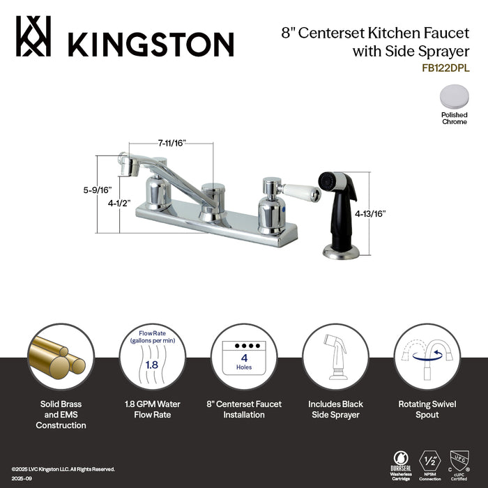 Kingston Tulare FB122DPL - Paris Two-Handle 4-Hole 8" Centerset Kitchen Faucet with Side Sprayer, Polished Chrome