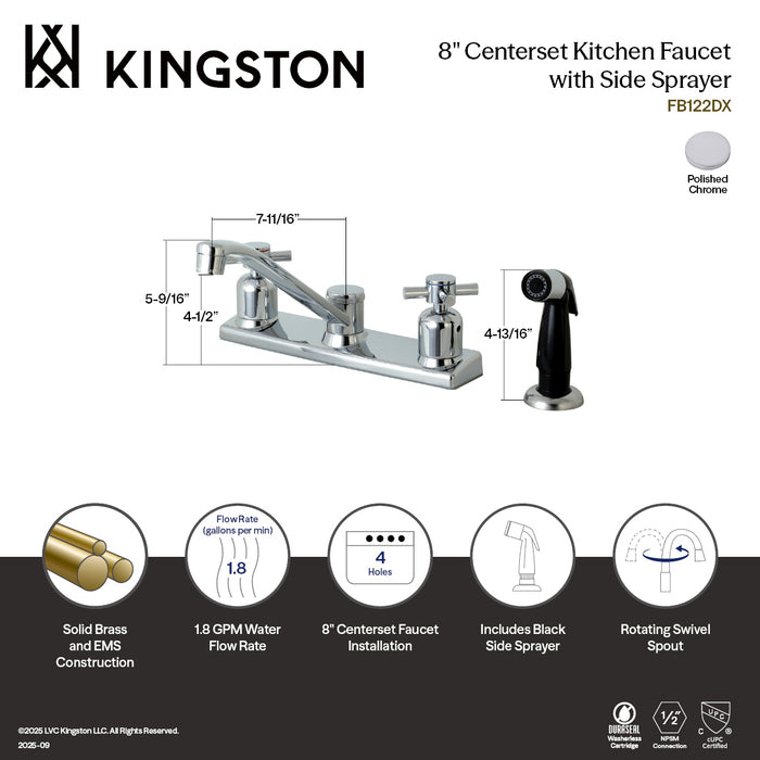 Kingston Tulare FB122DX - Concord Two-Handle 4-Hole 8" Centerset Kitchen Faucet with Side Sprayer, Polished Chrome