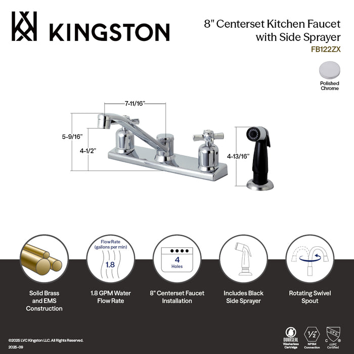 Kingston Tulare FB122ZX - Millennium Two-Handle 4-Hole 8" Centerset Kitchen Faucet with Side Sprayer, Polished Chrome