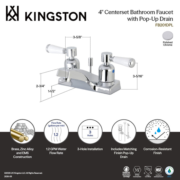 Kingston Paris FB201DPL Double-Handle 3-Hole Deck Mount 4-Inch Centerset Bathroom Faucet with ABS Pop-Up Drain, Polished Chrome