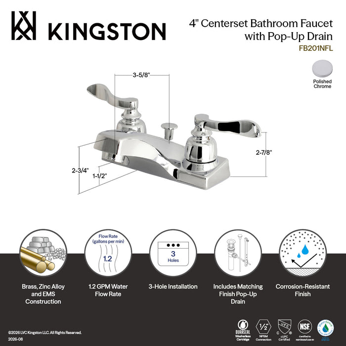 Kingston NuWave French FB201NFL Double-Handle 3-Hole Deck Mount 4-Inch Centerset Bathroom Faucet with ABS Pop-Up Drain, Polished Chrome