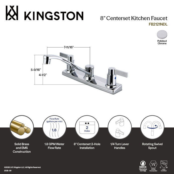 Kingston NuvoFusion FB2121NDL Two-Handle 2-Hole 8" Centerset Kitchen Faucet, Polished Chrome