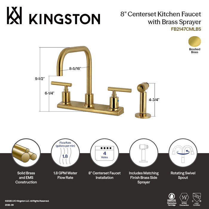 Kingston Sona FB2147CMLBS - Manhattan Two-Handle 4-Hole 8" Centerset Kitchen Faucet with Brass Sprayer, Brushed Brass