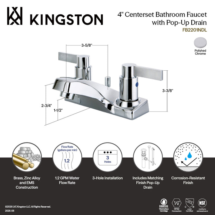 Kingston NuvoFusion FB2201NDL Double-Handle 3-Hole Deck Mount 4-Inch Centerset Bathroom Faucet with ABS Pop-Up Drain, Polished Chrome