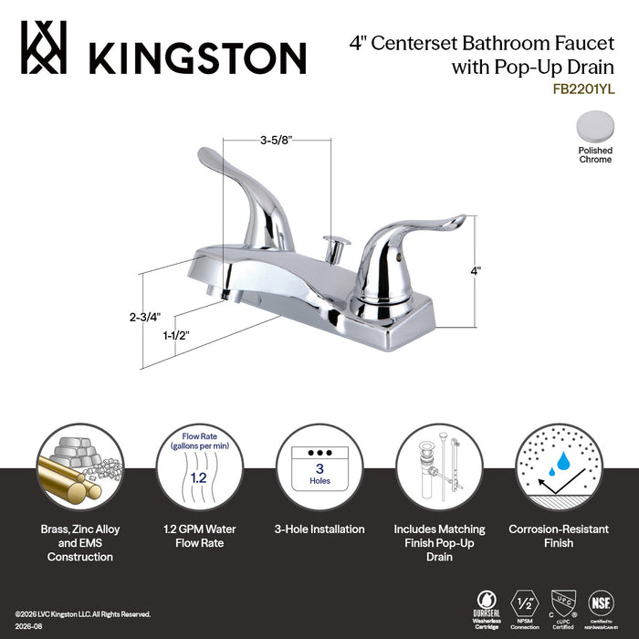 Kingston Yosemite FB2201YL Double-Handle 3-Hole Deck Mount 4-Inch Centerset Bathroom Faucet with ABS Pop-Up Drain, Polished Chrome