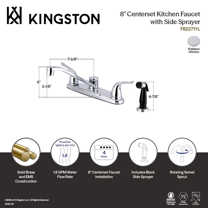 Kingston Yosemite FB2271YL Two-Handle 4-Hole 8" Centerset Kitchen Faucet with Side Sprayer, Polished Chrome