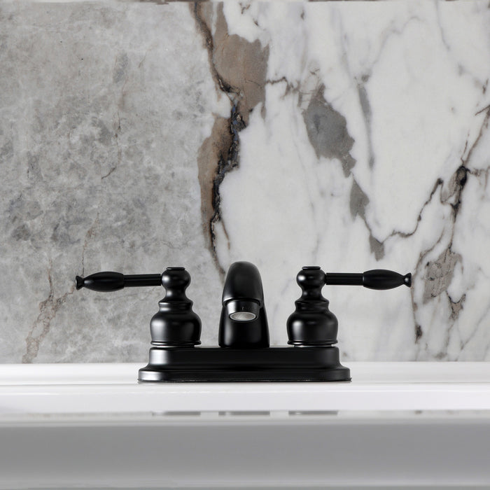 Kingston Tulare FB2600KL - Knight Double-Handle 3-Hole Deck Mount 4-Inch Centerset Bathroom Faucet with Pop-Up Drain, Matte Black