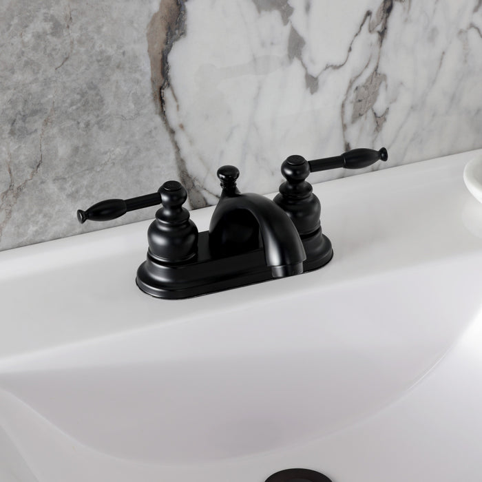 Kingston Tulare FB2600KL - Knight Double-Handle 3-Hole Deck Mount 4-Inch Centerset Bathroom Faucet with Pop-Up Drain, Matte Black