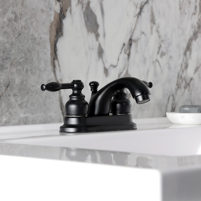 Kingston Tulare FB2600KL - Knight Double-Handle 3-Hole Deck Mount 4-Inch Centerset Bathroom Faucet with Pop-Up Drain, Matte Black