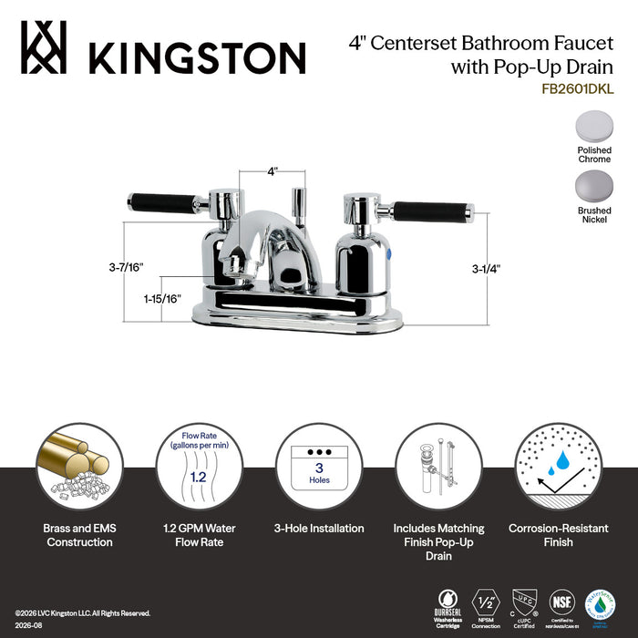 Kingston Tulare FB2601DKL - Kaiser Double-Handle 3-Hole Deck Mount 4-Inch Centerset Bathroom Faucet with Pop-Up Drain, Polished Chrome