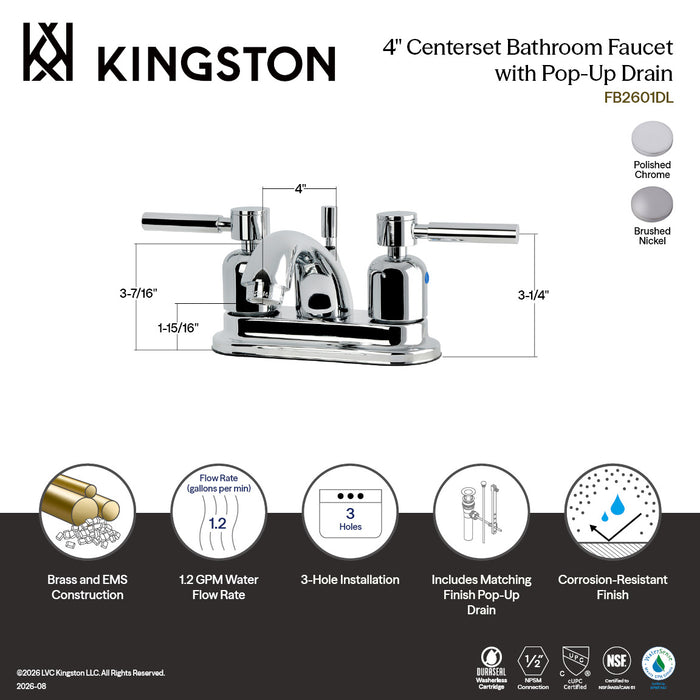 Kingston Tulare FB2601DL - Concord Double-Handle 3-Hole Deck Mount 4-Inch Centerset Bathroom Faucet with Pop-Up Drain, Polished Chrome