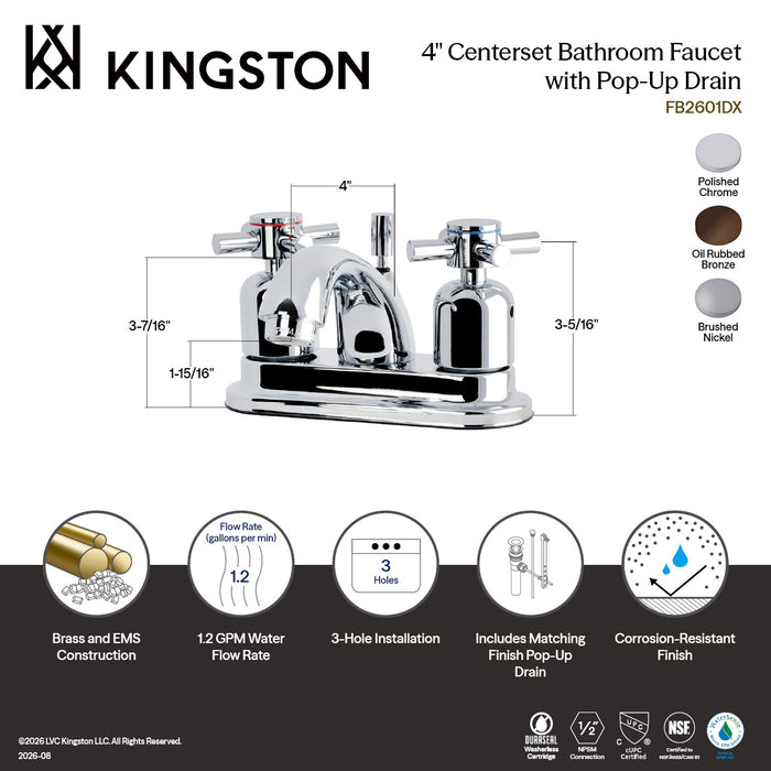 Kingston Tulare FB2601DX - Concord Double-Handle 3-Hole Deck Mount 4-Inch Centerset Bathroom Faucet with Pop-Up Drain, Polished Chrome
