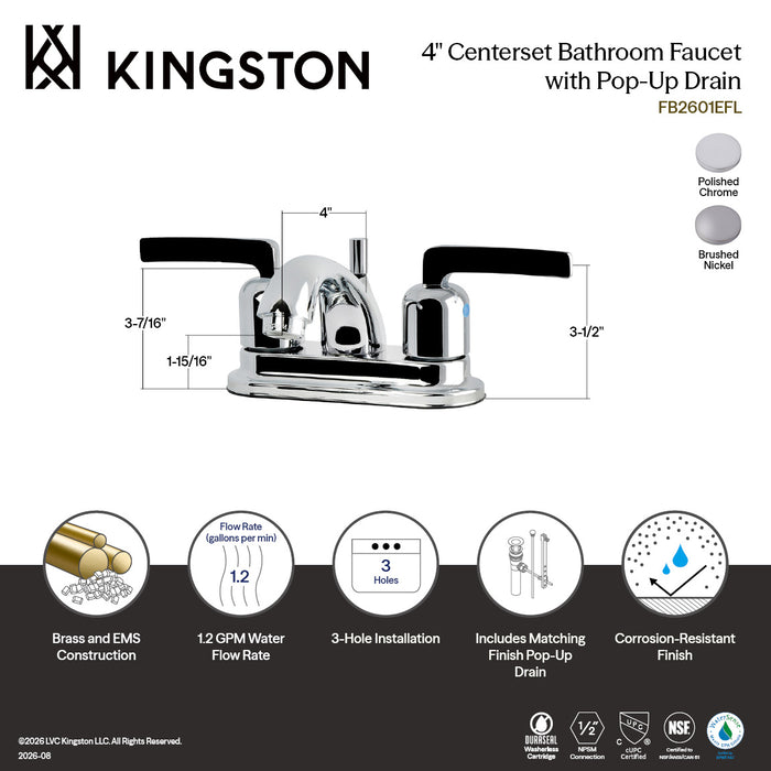 Kingston Tulare FB2601EFL - Centurion Double-Handle 3-Hole Deck Mount 4-Inch Centerset Bathroom Faucet with Pop-Up Drain, Polished Chrome