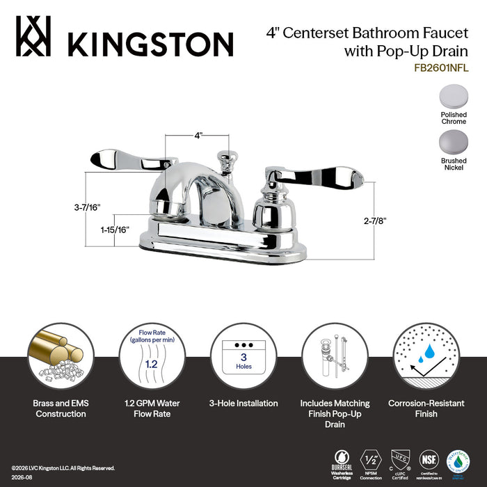 Kingston Tulare FB2601NFL - NuWave French Double-Handle 3-Hole Deck Mount 4-Inch Centerset Bathroom Faucet with Pop-Up Drain, Polished Chrome