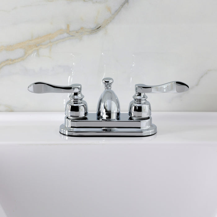 Kingston Tulare FB2601NFL - NuWave French Double-Handle 3-Hole Deck Mount 4-Inch Centerset Bathroom Faucet with Pop-Up Drain, Polished Chrome