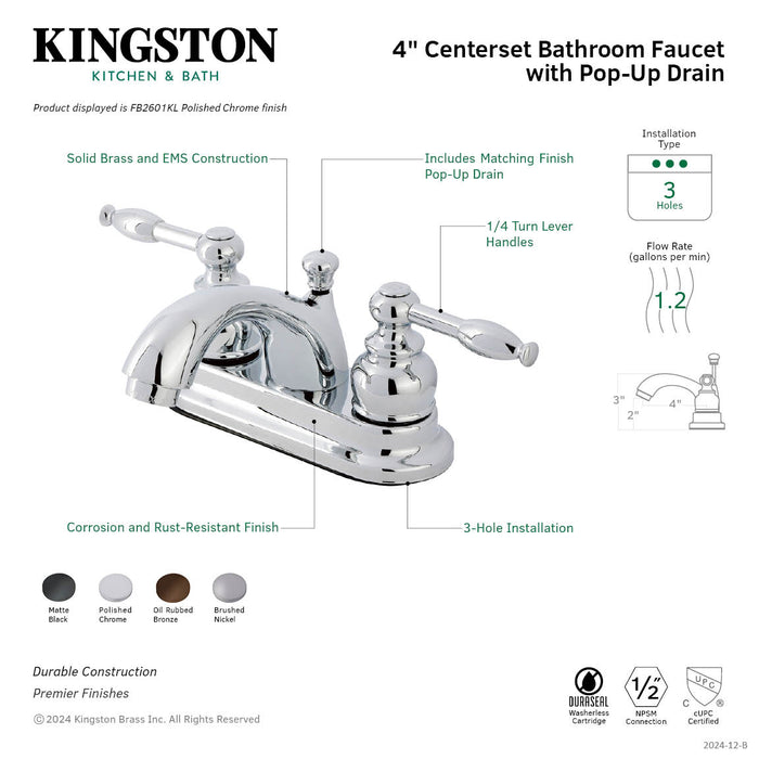 Kingston Tulare FB2608KL - Knight Double-Handle 3-Hole Deck Mount 4-Inch Centerset Bathroom Faucet with Pop-Up Drain, Brushed Nickel