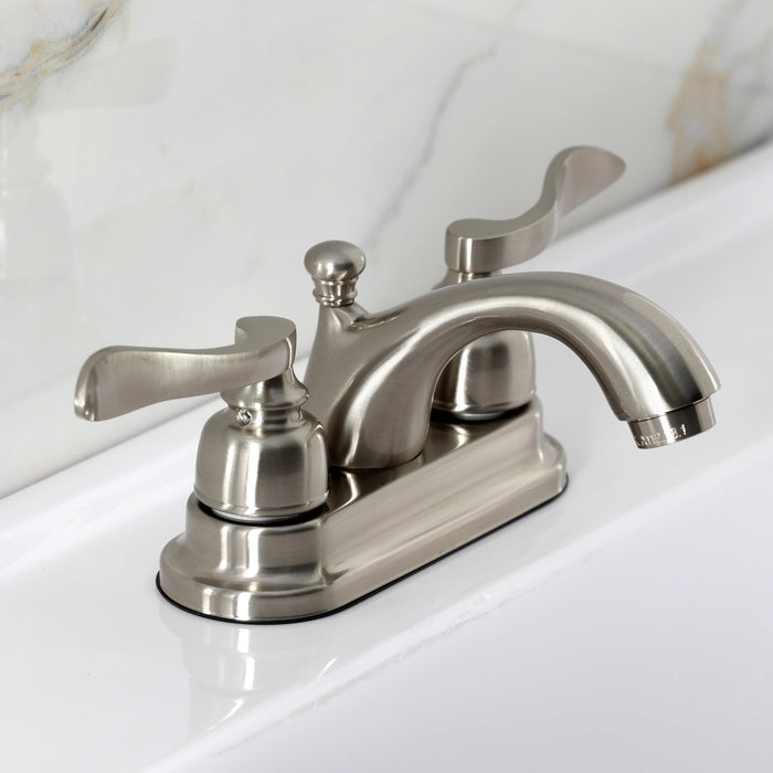 Kingston Tulare FB2608NFL - NuWave French Double-Handle 3-Hole Deck Mount 4-Inch Centerset Bathroom Faucet with Pop-Up Drain, Brushed Nickel