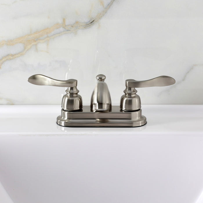 Kingston Tulare FB2608NFL - NuWave French Double-Handle 3-Hole Deck Mount 4-Inch Centerset Bathroom Faucet with Pop-Up Drain, Brushed Nickel
