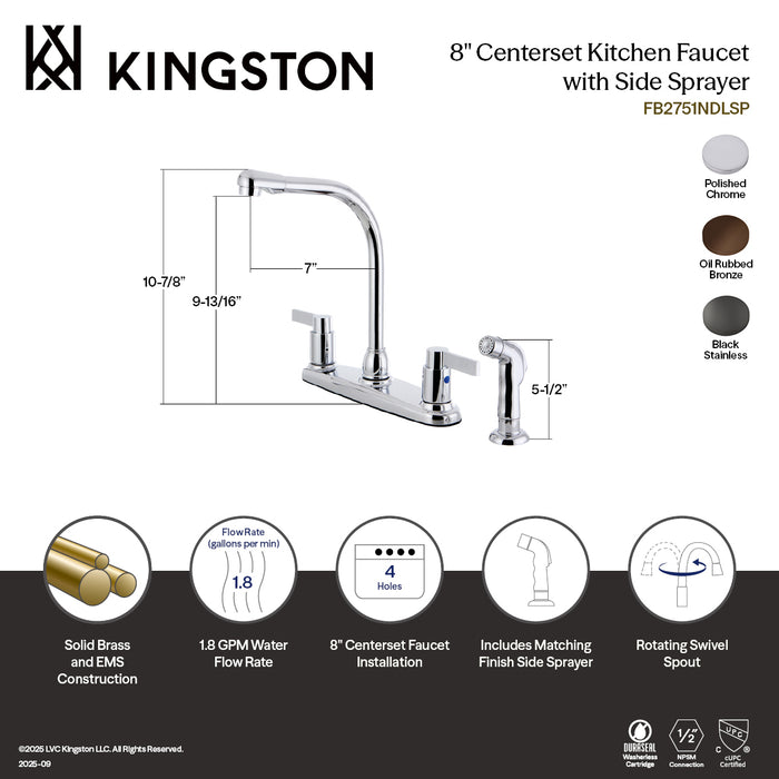 Kingston Tulare FB2754NDLSP - NuvoFusion Two-Handle 4-Hole 8" Centerset Kitchen Faucet with Side Sprayer, Black Stainless