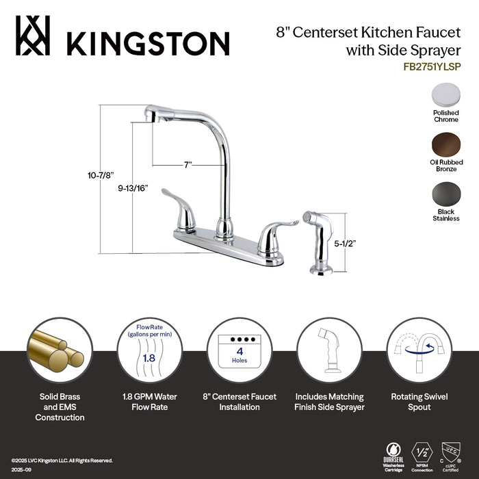Kingston Tulare FB2755YLSP - Yosemite Two-Handle 4-Hole 8" Centerset Kitchen Faucet with Side Sprayer, Oil Rubbed Bronze