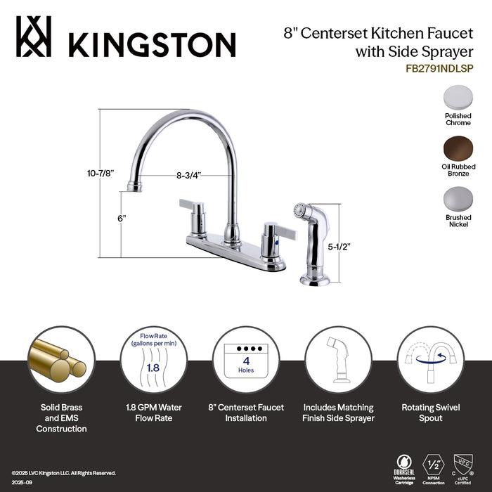 Kingston Tulare FB2795NDLSP - NuvoFusion Two-Handle 4-Hole 8" Centerset Kitchen Faucet with Side Sprayer, Oil Rubbed Bronze