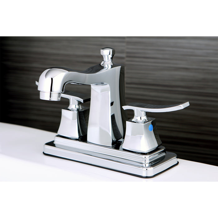Kingston Tulare FB4641JQL - Queensbury Double-Handle 3-Hole Deck Mount 4-Inch Centerset Bathroom Faucet with Pop-Up Drain, Polished Chrome