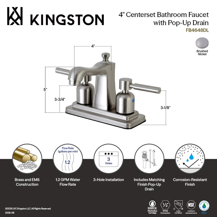 Kingston Tulare FB4648DL - Concord Double-Handle 3-Hole Deck Mount 4-Inch Centerset Bathroom Faucet with Pop-Up Drain, Brushed Nickel