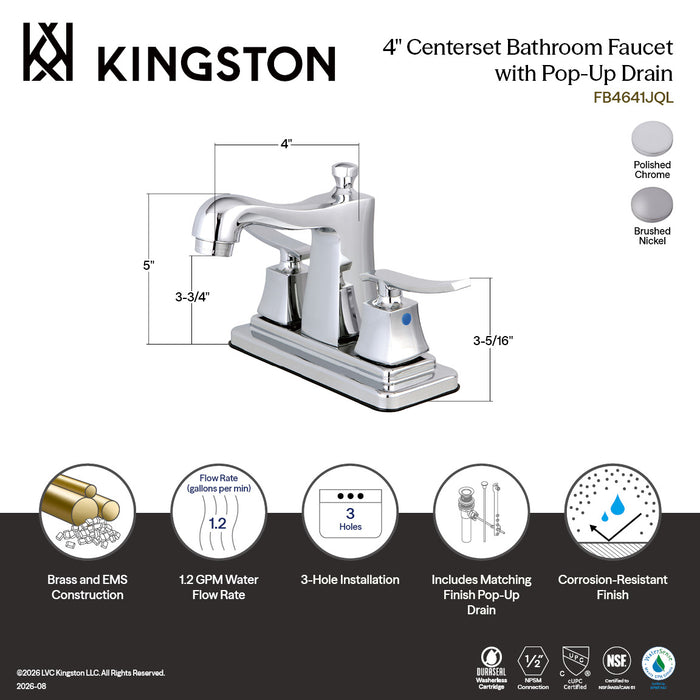 Kingston Tulare FB4648JQL - Queensbury Double-Handle 3-Hole Deck Mount 4-Inch Centerset Bathroom Faucet with Pop-Up Drain, Brushed Nickel